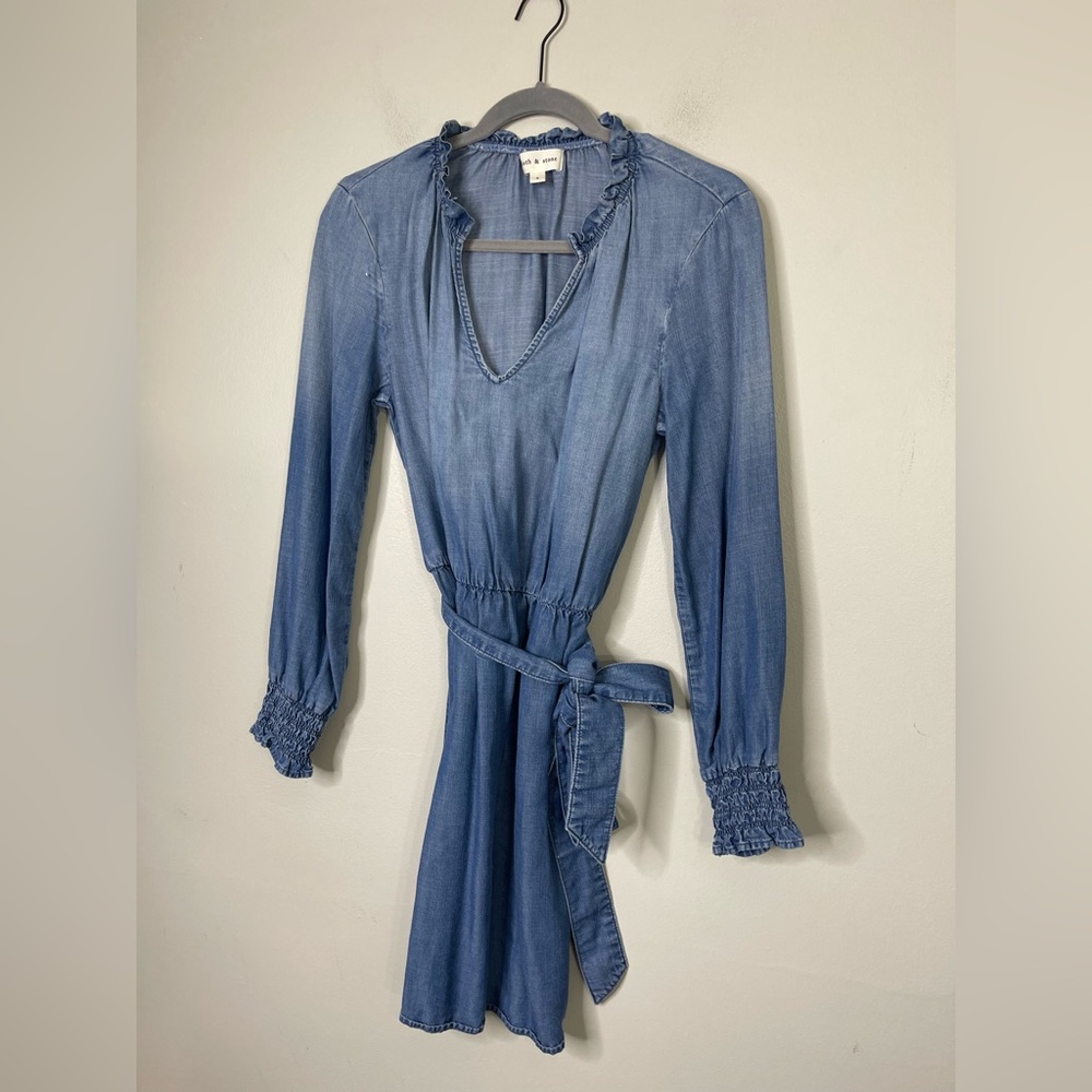 Cloth & Stone NWOT Anthropologie Chambray Tencel Ruffle Neck Mini Dress SZ S - Picture 4 of 12